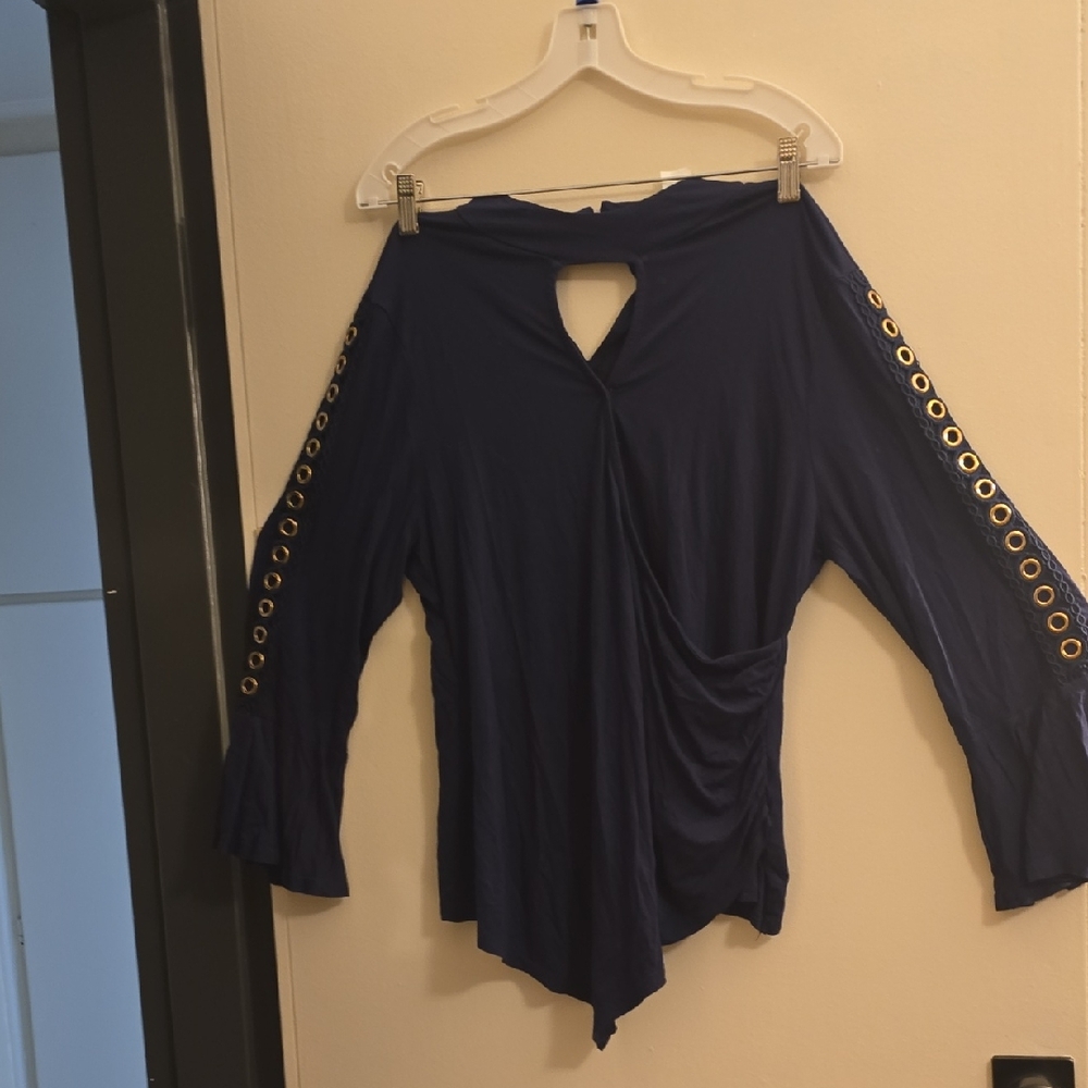 VENUS Navy Wrap Blouse with Gold Eyelets. Cutout Neck.